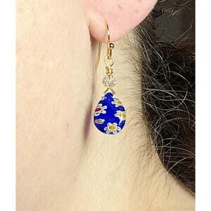 Cobalt Blue Millefiori Earrings Flowers Hook Hypoallergenic 14K Gold Filled Boho